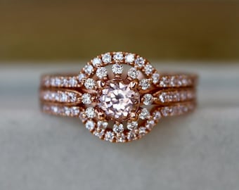 Floral Round Morganite 14k Rose Gold Dainty 3 Ring set- Round Genuine Peach Pink Morganite Halo Engagement Ring- Nature Inspired Bridal Ring