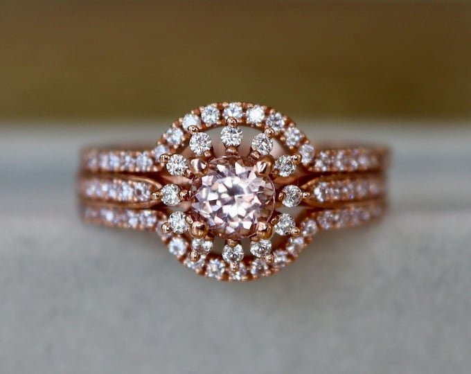 Floral Round Morganite 14k Rose Gold Dainty 3 Ring set- Round Genuine Peach Pink Morganite Halo Engagement Ring- Nature Inspired Bridal Ring
