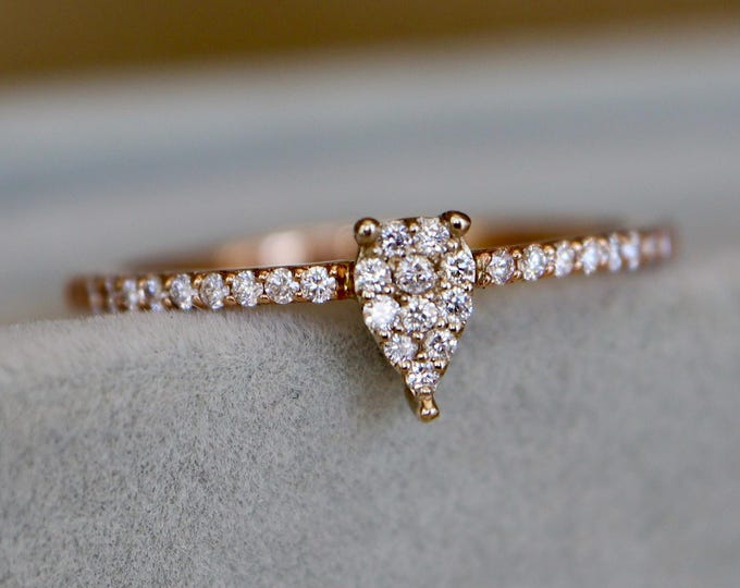 Stackable Genuine Pear Diamond 18k Gold Two Tone Petite Ring- 18k White and Rose Gold Dainty Diamond Ring- Micro Pave Jewelry Gifts for Her