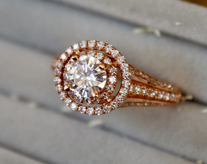 6mm Round Moissanite Double Halo Diamond Engagement Ring 18k Solid Rose Gold- Charles and Colvard Forever One Moissanite Solitaire Ring