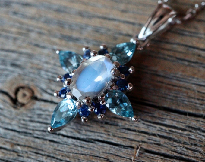 Oval Moonstone Halo Aquamarine Sapphire Necklace- Blue Moonstone Halo White Gold Necklace- Antique Moonstone 10k Gold Necklace