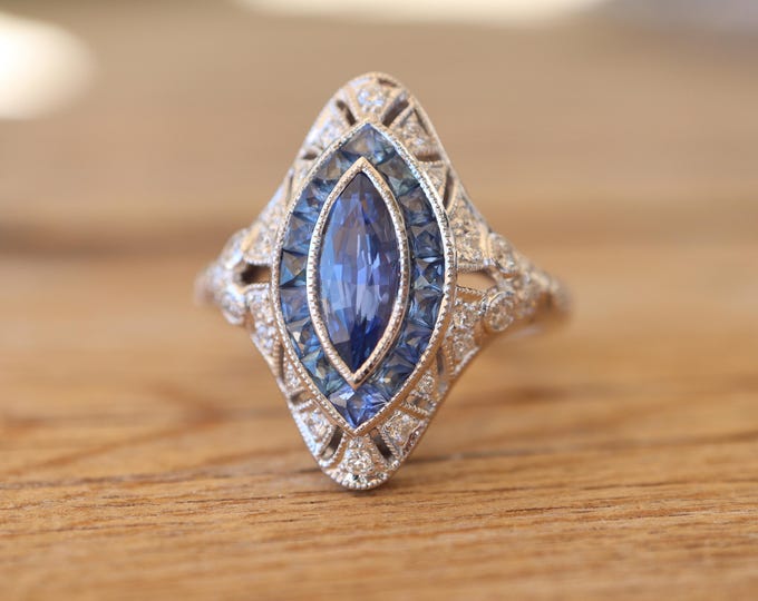 Marquise 0.82ct Natural Blue Sapphire Deco Engagement Ring- Genuine Double Halo Diamond Solitaire Ring- French Cut Calibre Anniversary Ring