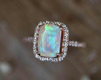 Genuine Opal Diamond Halo Engagement Ring- Rectangle Fiery Opal Bridal 14k 18k Rose Gold Ring- Emerald Cut Natural Opal Platinum Ring