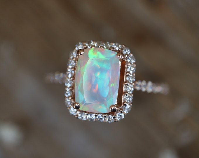 Genuine Opal Diamond Halo Engagement Ring- Rectangle Fiery Opal Bridal 14k 18k Rose Gold Ring- Emerald Cut Natural Opal Platinum Ring