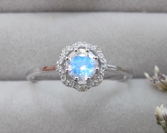 Moonstone Halo Diamond Promise Ring for Her- Round Blue Moonstone Engagement Ring- Moonstone White Gold Solitaire Ring