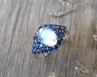 Genuine Moonstone Sapphire Engagement Ring- Oval Blue Moonstone Promise Ring- Antique Moonstone White Gold Ring- Moonstone Anniversary Ring