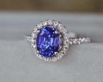 Genuine 1.71ct Oval Tanzanite Engagement Ring- Blue Tanzanite Diamond Halo Engagement 8x6.5mm- 14k White Gold Ring- December Birthstone Ring