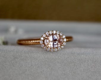 Genuine Oval 0.70ct Peach Sapphire Halo Diamond Ring- Dainty 18k White and Rose Gold Dainty 0.20ct Natural Diamond Halo Textured Ring-