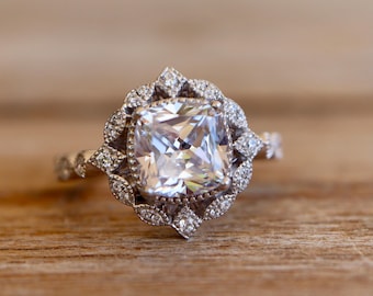 Cushion Lab Diamond Vintage Engagement Ring- Moissanite Deco Milgrain Scallop Antique Ring- Alternative Diamond Square 8mm Ring