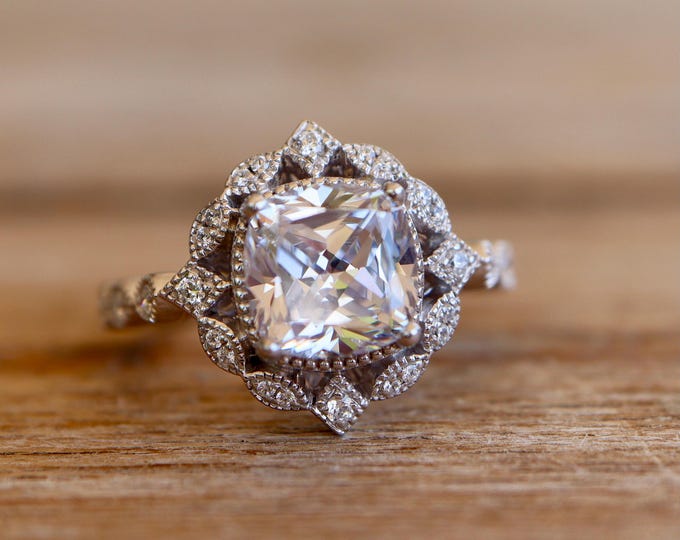 Cushion Moissanite Vintage Engagement Ring- Alternative Diamond Deco Milgrain Scallop Antique Ring- Clear Colorless Moissanite 8mm Ring