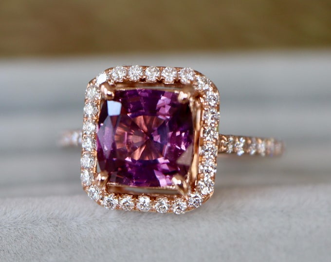 3ct Genuine Purple Pink Spinel 14k Rose Gold Engagement Ring- Emerald Cut Natural Facet 8mm Spinel Halo Diamond Solitaire Promise Ring