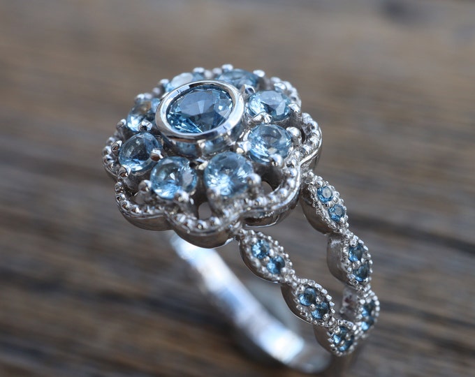 Floral Halo Engagement Ring- Round Blue Topaz Milgrain Promise Ring- Flower Solitaire Split Shank Ring- Antique Blue Gemstone 14k Ring