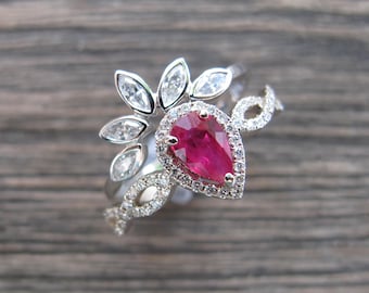 Genuine Teardrop 0.58ct Unheat Ruby Halo Diamond 2 Ring Deco Set- Vintage Pear Natural Ruby Engagement Ring Set- 18k White Gold Bridal Rings