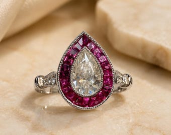 Genuine Ruby Halo with Teardrop Moissanite Deco Engagement Ring