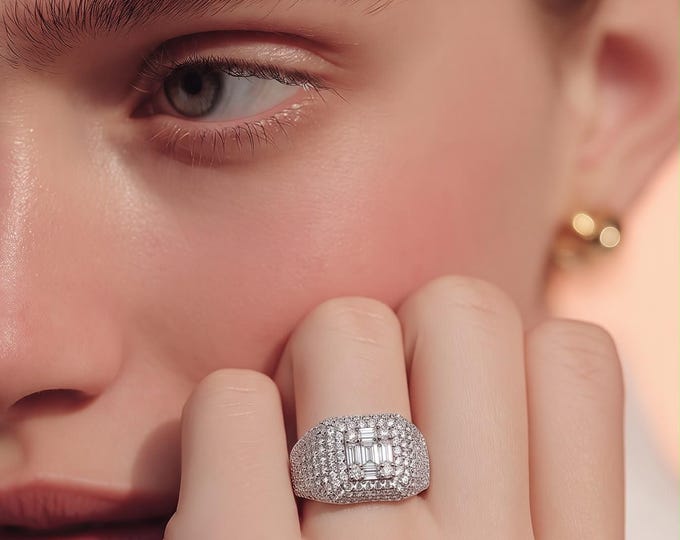 Illusion Baguette Genuine Cluster Diamond Unisex Wide Wedding Band