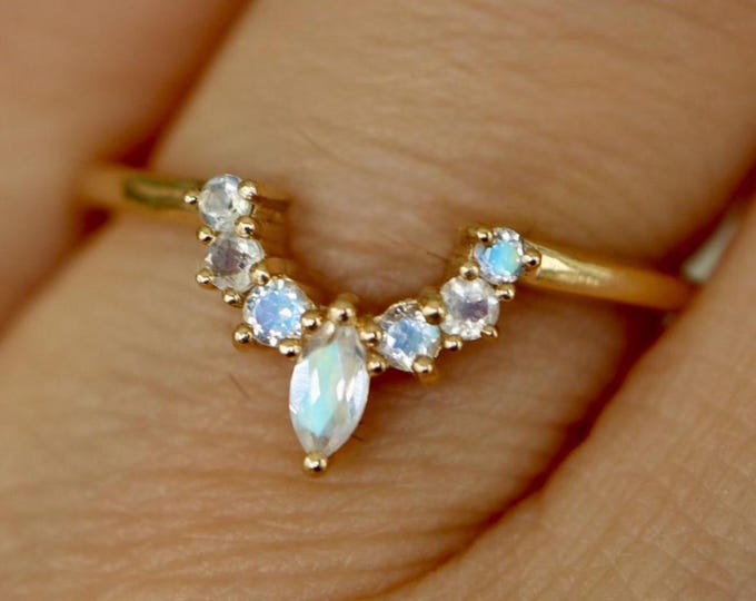 Genuine Moonstone Contour Wedding Dainty Solid 14k Gold Band- Natural Moonstone Curved Real 18k Gold Band for Teardrop Pear Shaped Ring