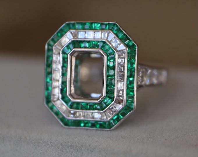 Genuine 7x5mm Green Emerald Art Deco Semi Mounting Ring- Triple Halo Emerald Baguette Diamond Solid 18k White Gold Vintage Deco Unmounted
