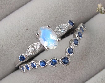 Moonstone Sapphire Bridal 2 Ring Set- Oval Blue Moonstone Engagement Ring Set- Moonstone White Gold Ring With Wedding Sapphire Band