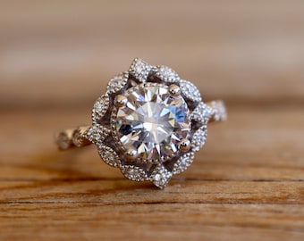 Round 8mm Moissanite Vintage Engagement Ring- Alternative Diamond Scallop Halo  Solitaire Ring- 6.5mm Brilliant Clear Colorless Antique Ring