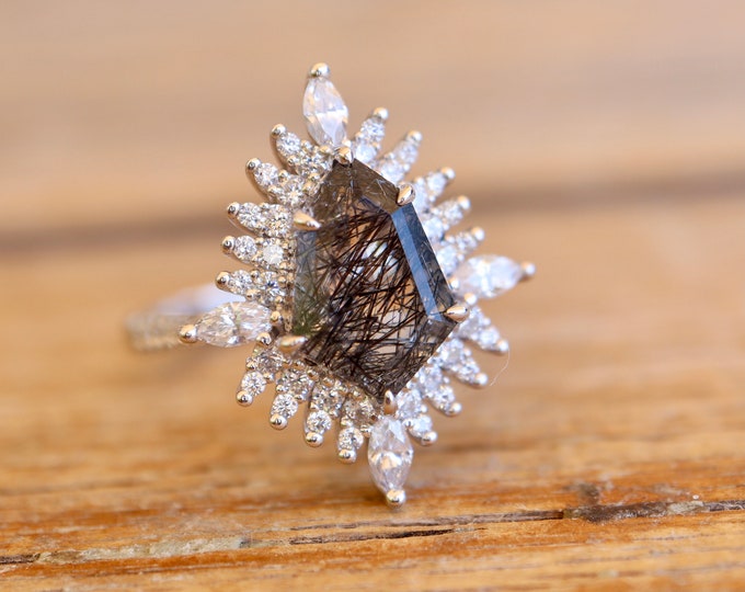 Tourmalated Quartz Elongated Hexagon Engagement Ring- Kite Shield Black Rutile Diamond Halo Ring- Alternative Black Salt Pepper Diamond Ring
