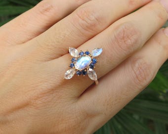 Cluster Moonstone Solid 14k Rose Gold Ring- Oval Moonstone Solitaire Ring- Genuine Moonstone Sapphire Ring- Oval Moonstone Statement Ring