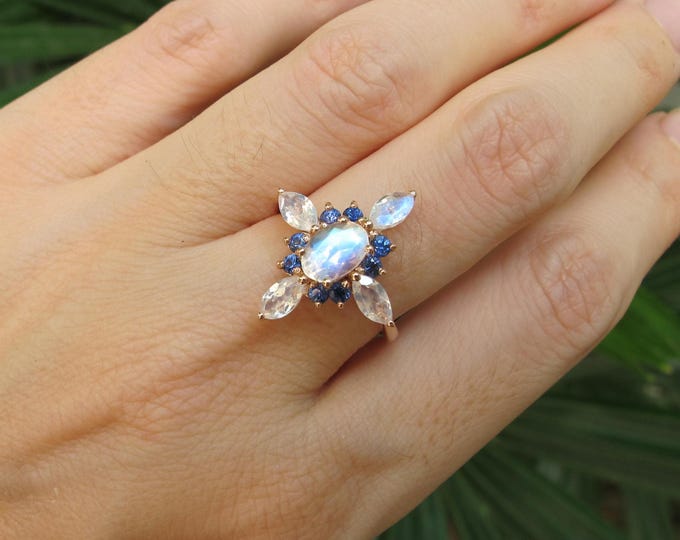 Cluster Moonstone Solid 14k Rose Gold Ring- Oval Moonstone Solitaire Ring- Genuine Moonstone Sapphire Ring- Oval Moonstone Statement Ring