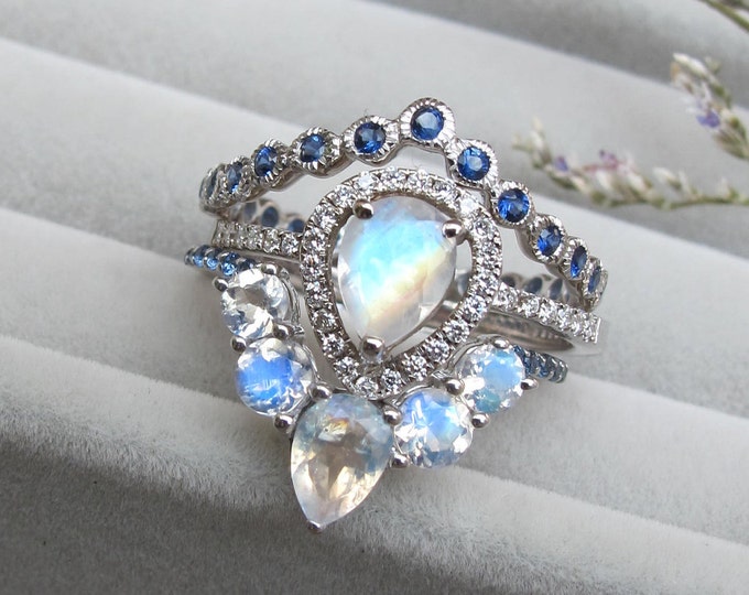Unique Moonstone Sapphire 3 Ring Set- Pear Moonstone Halo Engagement Ring Set- Teardrop Moonstone White Gold Ring w/ 2 Wedding Band