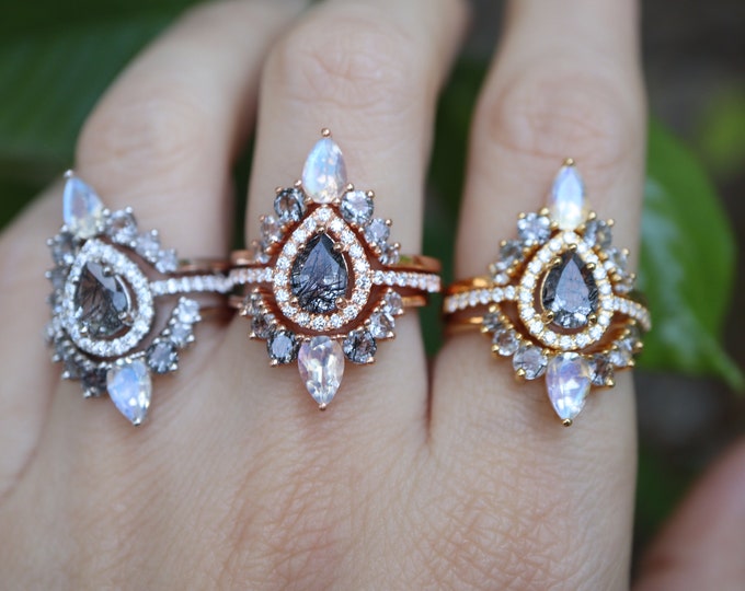 Teardrop Black Tourmalated Quartz Moonstone 3 Ring Set- Pear Salt and Pepper Diamond Halo Engagement Ring- Black Engagement Rings