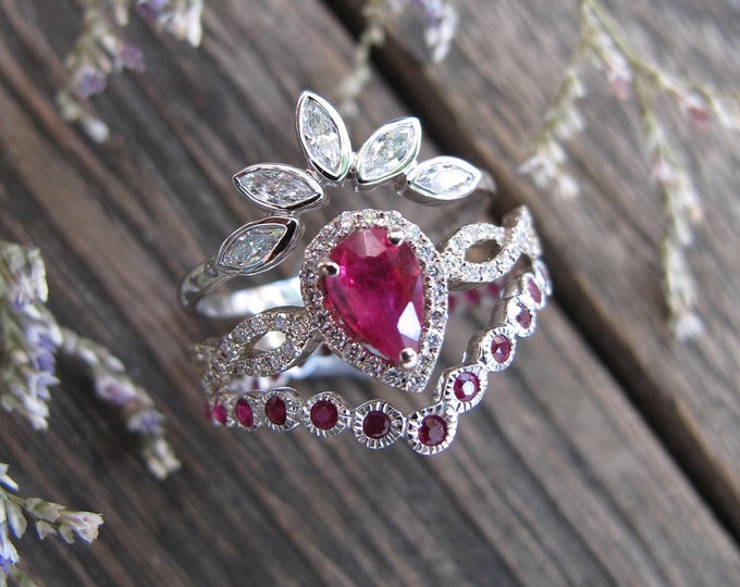 Deco Genuine Teardrop 0.58ct Unheat Ruby Diamond 3 Ring Set- Vintage Pear Halo Natural Ruby Engagement Ring Set- 18k White Gold Bridal Rings