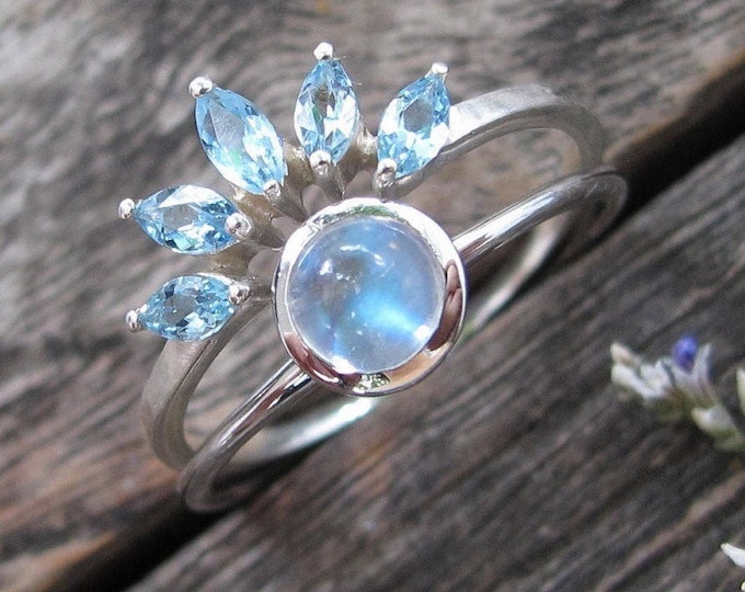 Moonstone Halo Aquamarine Bridal 2 Ring Set for Her- Round Blue Moonstone Engagement Ring with Aquamarine Wedding Band- White Gold Ring