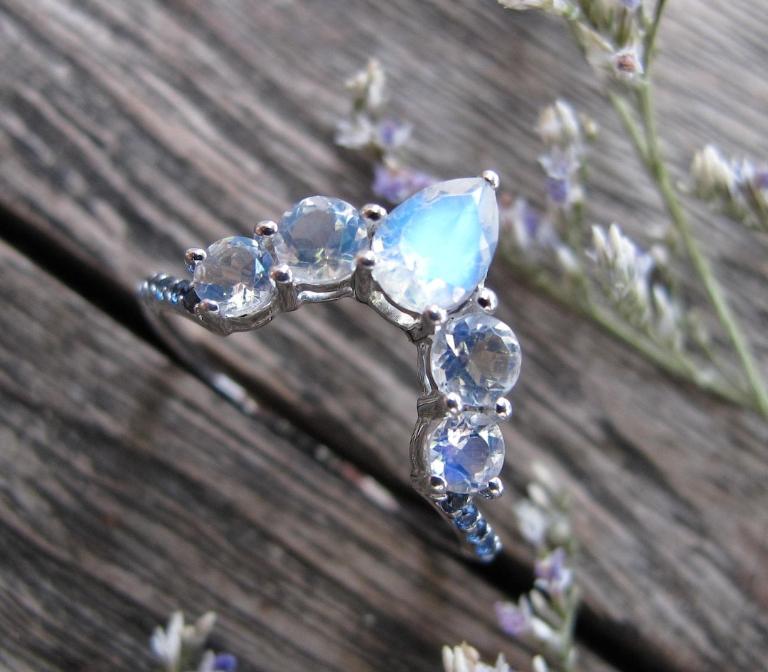 Blue Moonstone Contour Wedding Band- Moonstone Sapphire Curved Nesting ...