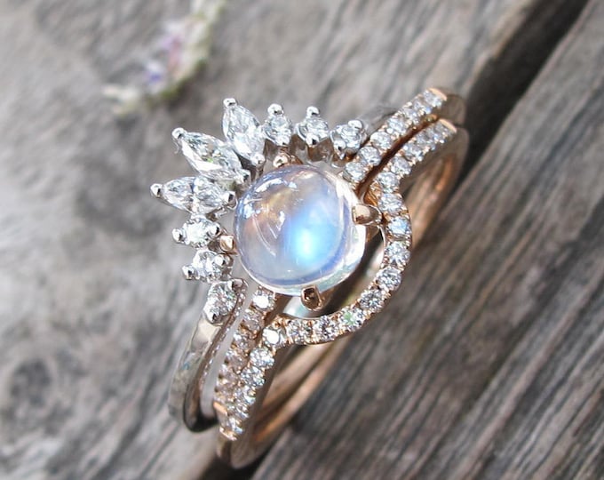 Round Cabochon Moonstone Engagement 3 Ring Set- Moonstone Diamond Bridal Ring Set- Genuine 6mm Moonstone Prong Ring w/ Diamond Wedding Bands