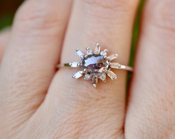 Oval Salt and Pepper Diamond Halo Promise Ring-Genuine Natural Baguette Deco Dainty Black White Diamond Engagement 10k White Gold Prong Ring