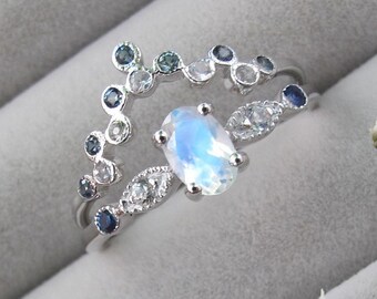 Moonstone Sapphire Bridal 2 Ring Set- Oval Blue Moonstone Engagement Ring Set- Moonstone White Gold Ring With Wedding Sapphire Band