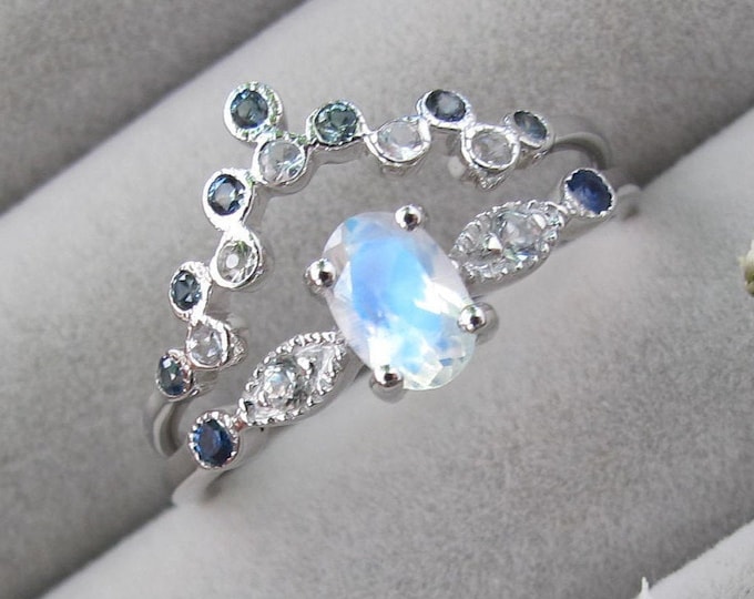 Moonstone Sapphire Bridal 2 Ring Set- Oval Blue Moonstone Engagement Ring Set- Moonstone White Gold Ring With Wedding Sapphire Band