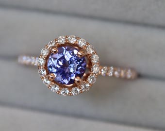 Genuine Round 0.67ct Blue Sapphire Classic Engagement Ring- Natural Sapphire Diamond Halo Promise Solitaire 18k Rose Gold Ring