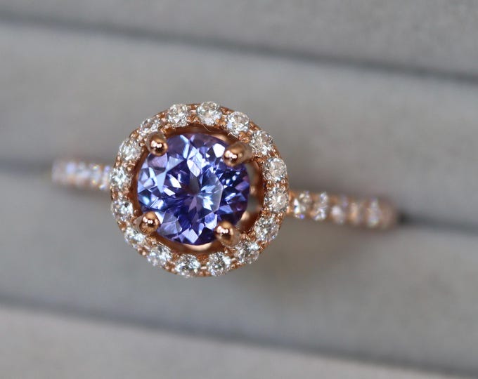 Genuine Round 0.67ct Blue Sapphire Classic Engagement Ring- Natural Sapphire Diamond Halo Promise Solitaire 18k Rose Gold Ring