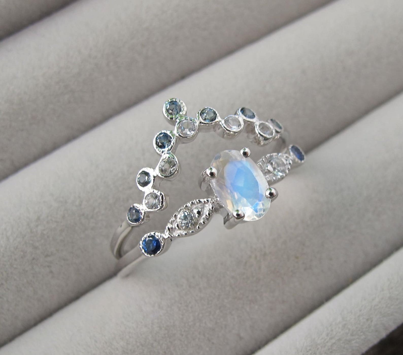 Moonstone Sapphire Bridal 2 Ring Set Oval Blue Moonstone Etsy