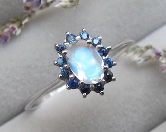 Genuine Oval Moonstone Halo Blue Sapphire Solitaire 10k White Gold Ring