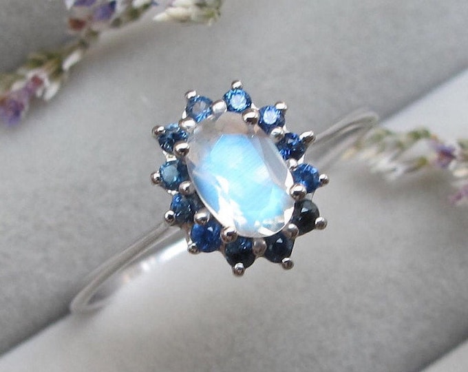Moonstone Halo Sapphire Promise Ring for Her-Oval Blue Moonstone Engagement Ring-Moonstone White Gold Dainty Ring-Moonstone Anniversary Ring