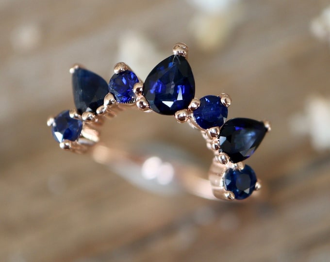 Genuine Sapphire Gold Wedding Band- Natural Deep Dark Blue Sapphire Band for Emerald & Square Shape Ring- Bespoke Nesting Band for All Shape