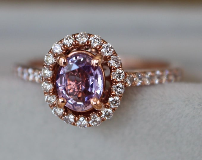 Genuine Oval 0.80ct Purple Pink Sapphire Classic Engagement Ring- Natural Sapphire Diamond Halo Promise Solitaire 14k Rose Gold Ring