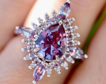 Pear Alexandrite Deco Engagement Ring- Halo Color Change 9x7mm Alexandrite Solid Real Gold Promise Ring- Purple Blue Color Anniversary Ring