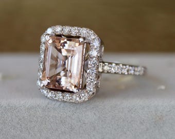 3.10ct Genuine Morganite Diamond Halo 14k White Gold- Emerald Cut Natural Peach Morganite Facet Large Solitaire Engagement 18k Ring