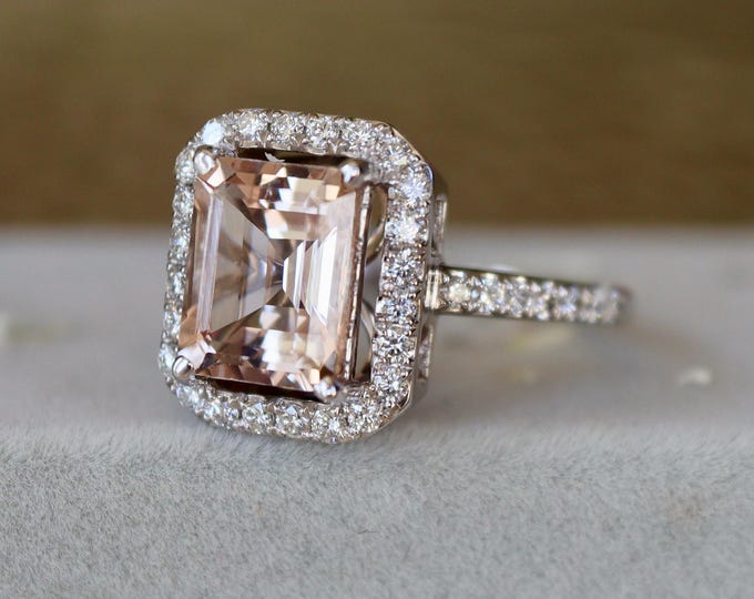 3.10ct Genuine Morganite Diamond Halo 14k White Gold- Emerald Cut Natural Peach Morganite Facet Large Solitaire Engagement 18k Ring