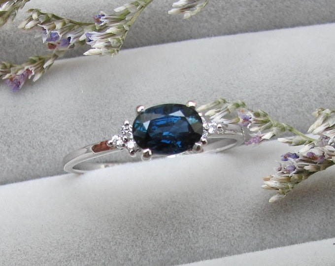 0.90ct Genuine Oval Sapphire Dainty Ring- Blue Green Sapphire Diamond Vintage Promise Ring -Teal Sapphire 14k White Gold Engagement Ring