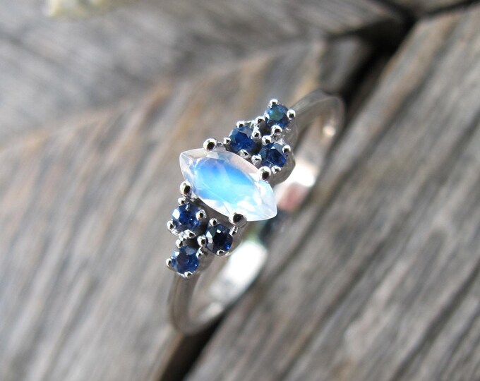 Antique Moonstone Dainty Promise Ring- Marquise Moonstone Sapphire Deco Ring- Moonstone White Gold Ring- Moonstone Anniversary Ring