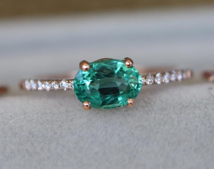 Genuine Oval 1.02ct Green Emerald Diamond 14k Rose Gold Ring- East West Prong Natural Emerald 3 Dainty Engagement Ring Set