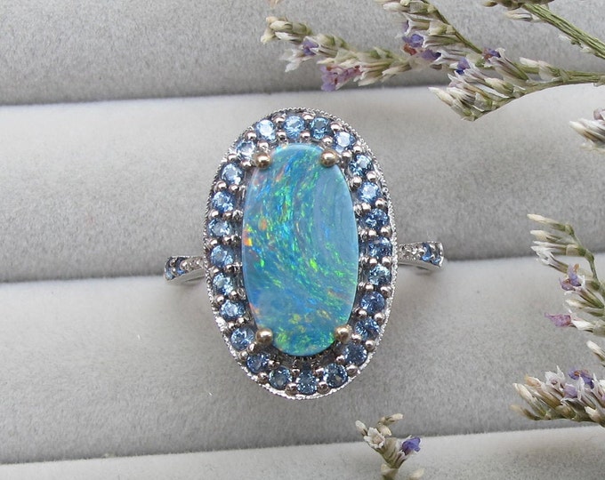 Elongated Oval Australian Opal Halo Sapphire Solitaire Ring- Genuine Blue Opal Engagement Ring- Fiery Opal White Gold Promise Ring for Her