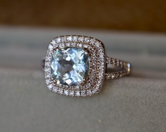 Cushion Genuine 1.64ct Aquamarine Double Halo Diamond Solitaire 14k Ring- Natural Blue Aquamarine Split Shank Engagement 18k Ring